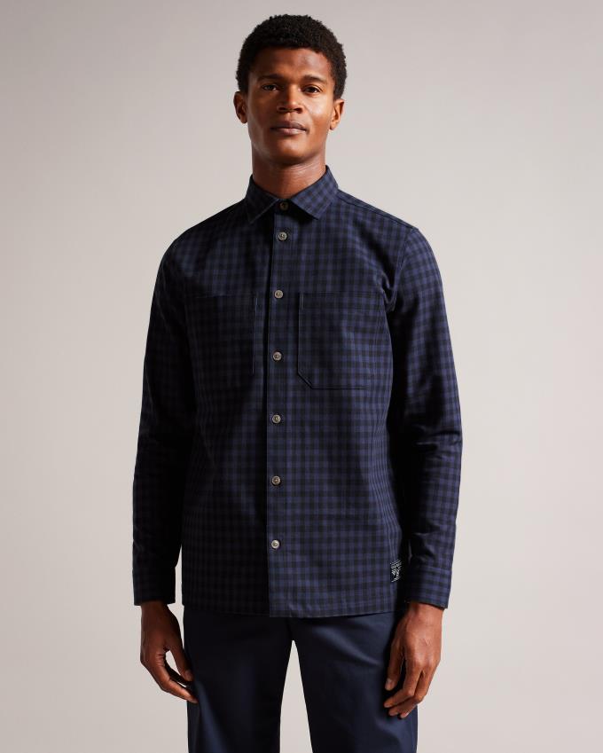 Chemises Ted Baker Long Sleeve House Check Overshirt Bleu Marine Homme | WEJ-59899386